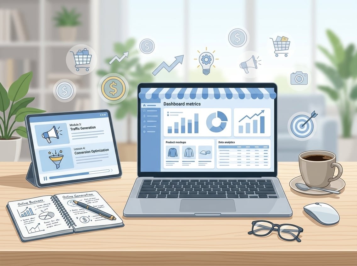 A workspace with a laptop showing a digital storefront dashboard, surrounded by training materials and digital marketing icons floating in the background.
