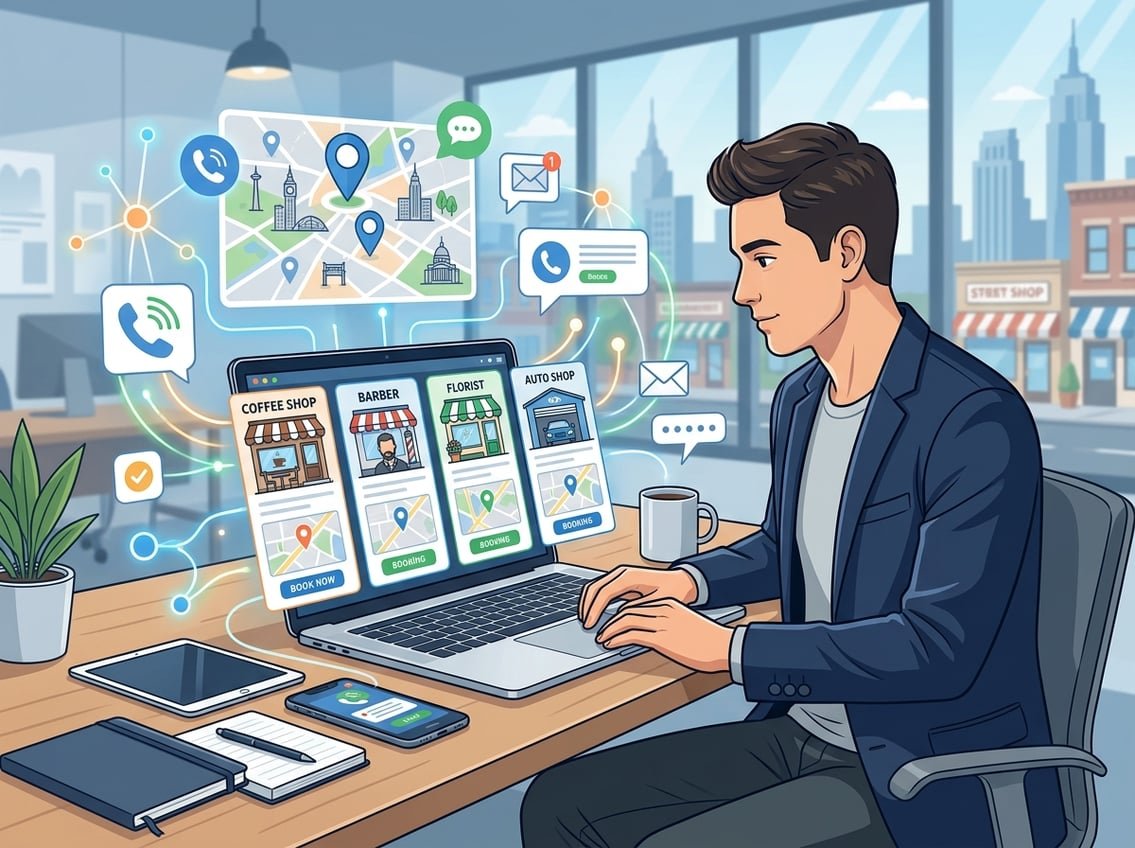 A person managing digital storefronts on a laptop surrounded by icons representing local businesses and online leads.