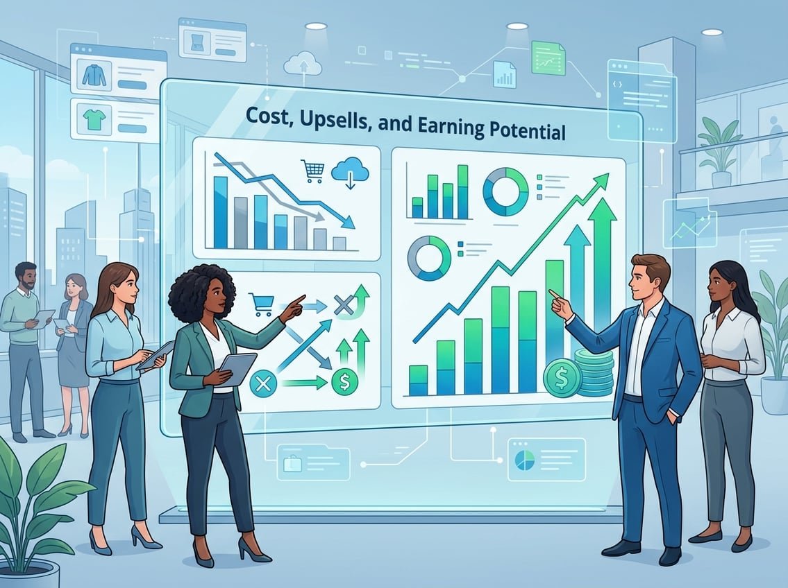 A group of business professionals analyzing charts and graphs about costs, upsells, and earnings on a large digital display in a modern office setting.