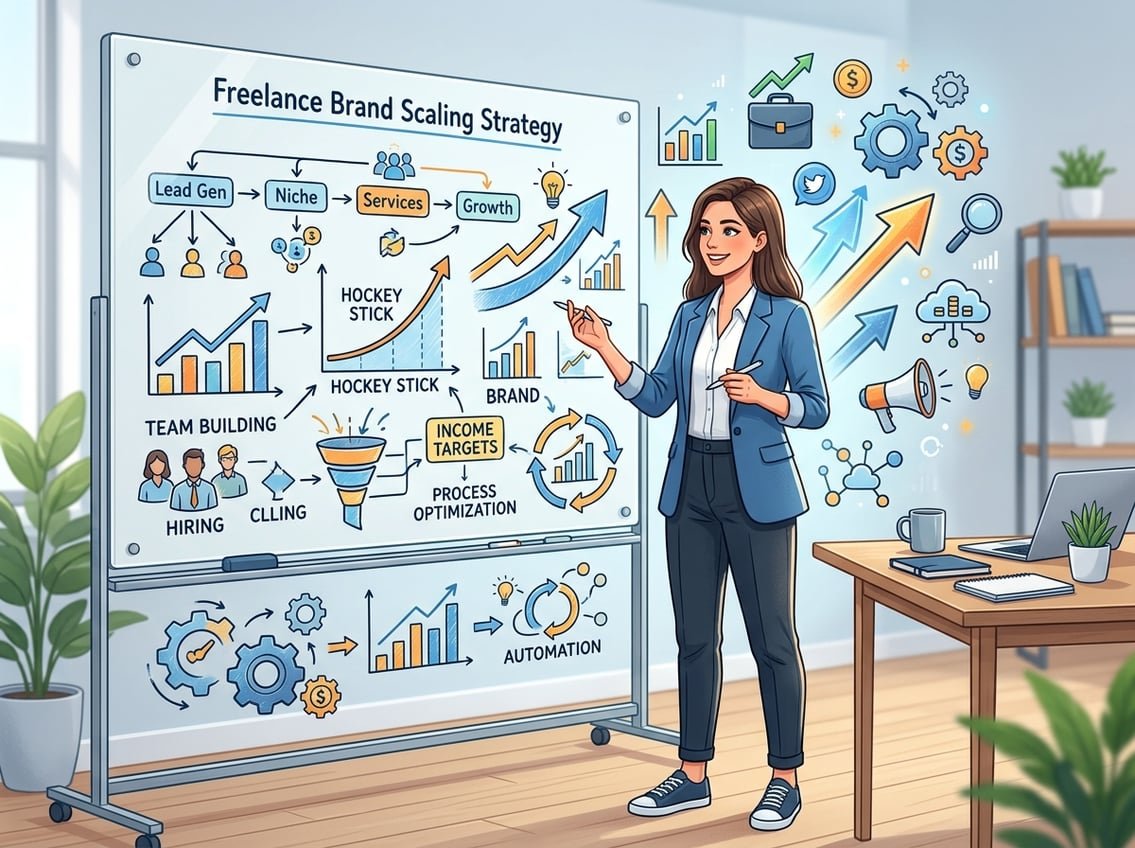 A person standing by a whiteboard with diagrams and charts illustrating business growth strategies in a modern office setting.