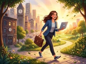 A person walking away from office buildings toward a bright, open path with greenery, symbolizing leaving a traditional 9 to 5 job.