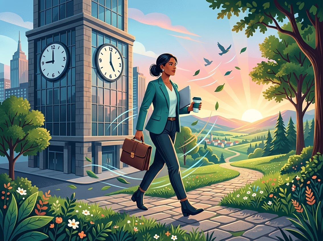 A person walking away from an office building with clocks showing 9 and 5, holding a briefcase and looking forward with nature and sunrise in the background.