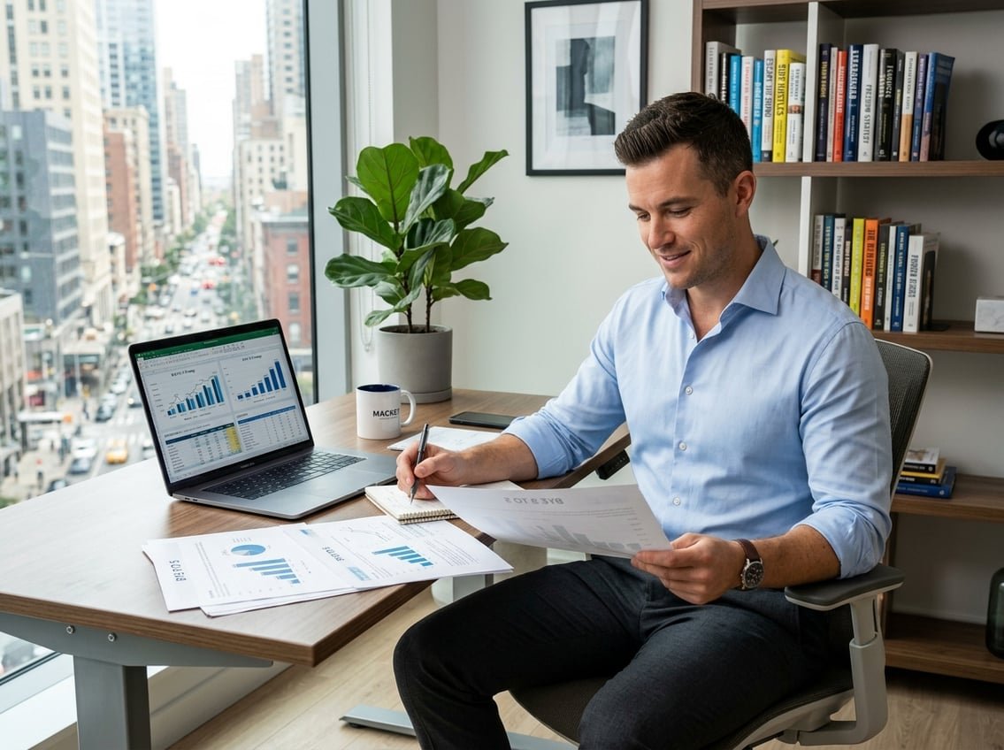 A man sitting at a desk in an office, reviewing documents with a laptop in front of him.