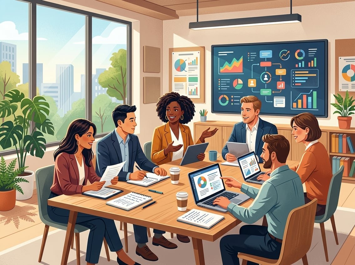 A group of adults collaborating around a table with laptops and tablets in a bright room with a large screen showing charts and graphs.