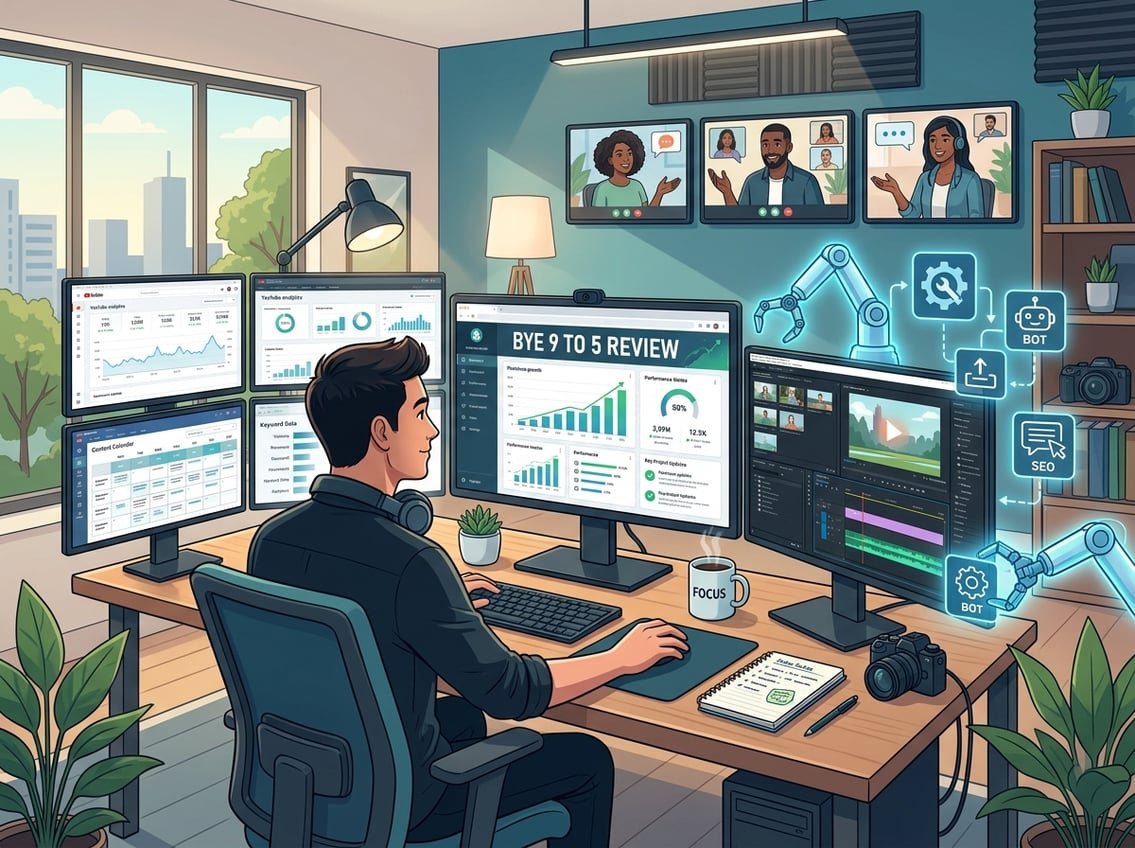 A person working at a desk with multiple screens showing YouTube data and automation tools, while a remote team appears on video calls, representing YouTube automation and outsourcing.