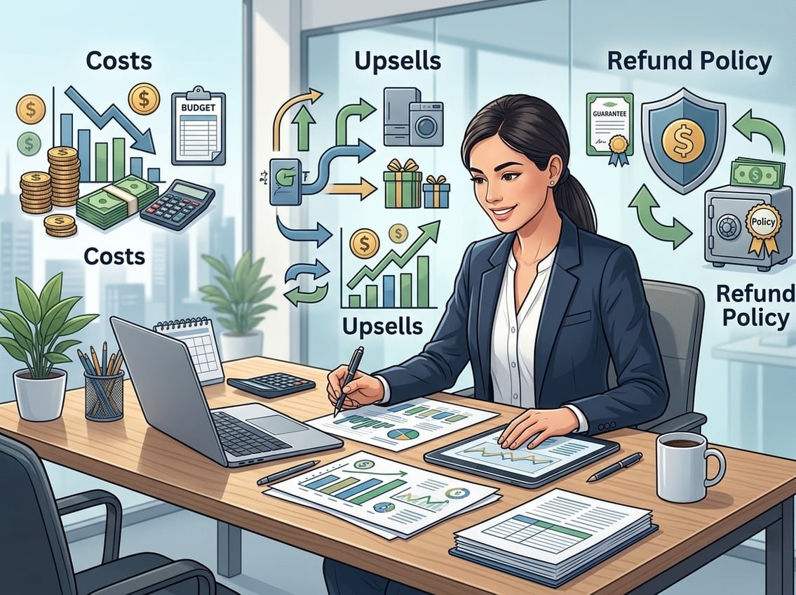 A businessperson reviewing financial documents and charts at a desk with icons representing money, upsells, and refund protection.