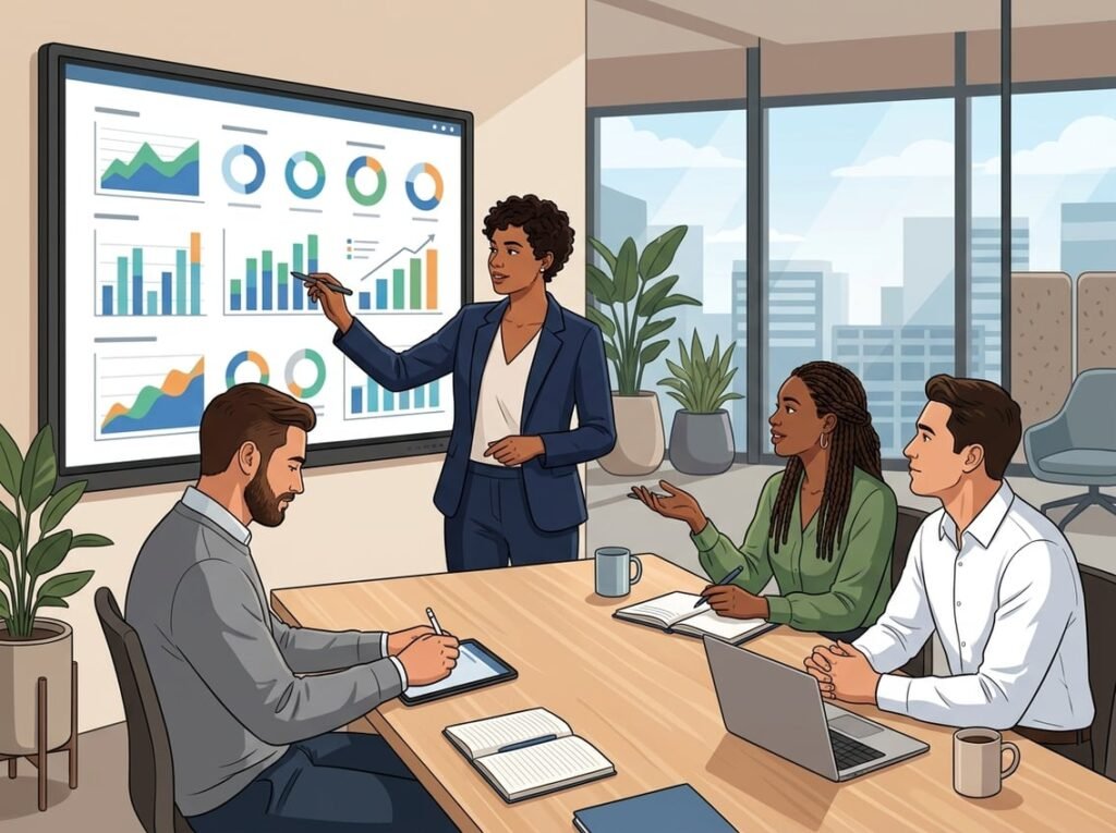 A group of business professionals collaborating in an office around a digital screen showing charts and graphs.