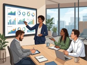 A group of business professionals collaborating in an office around a digital screen showing charts and graphs.