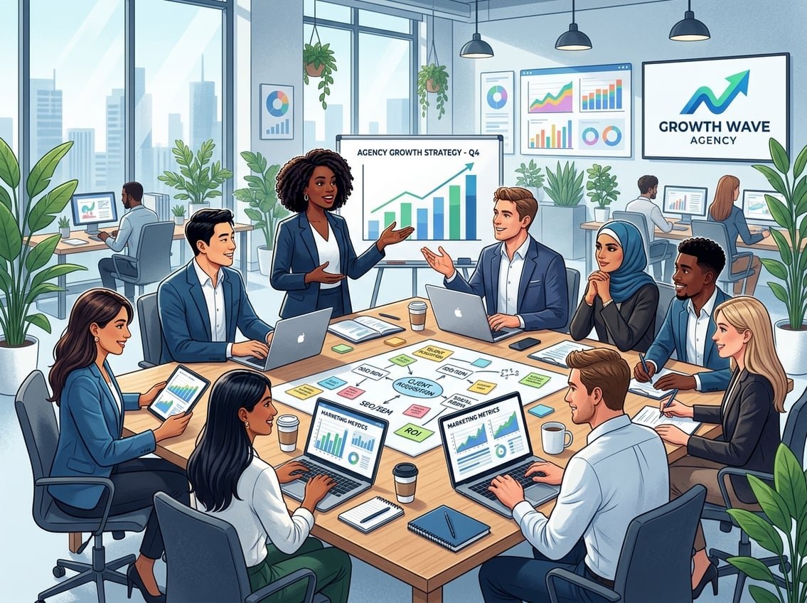 A group of diverse professionals working together around a table in a modern office, collaborating on marketing strategies.