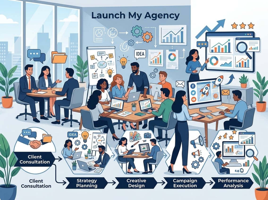 A team of professionals collaborating in an office setting with laptops and charts, illustrating the workflow of a marketing agency.