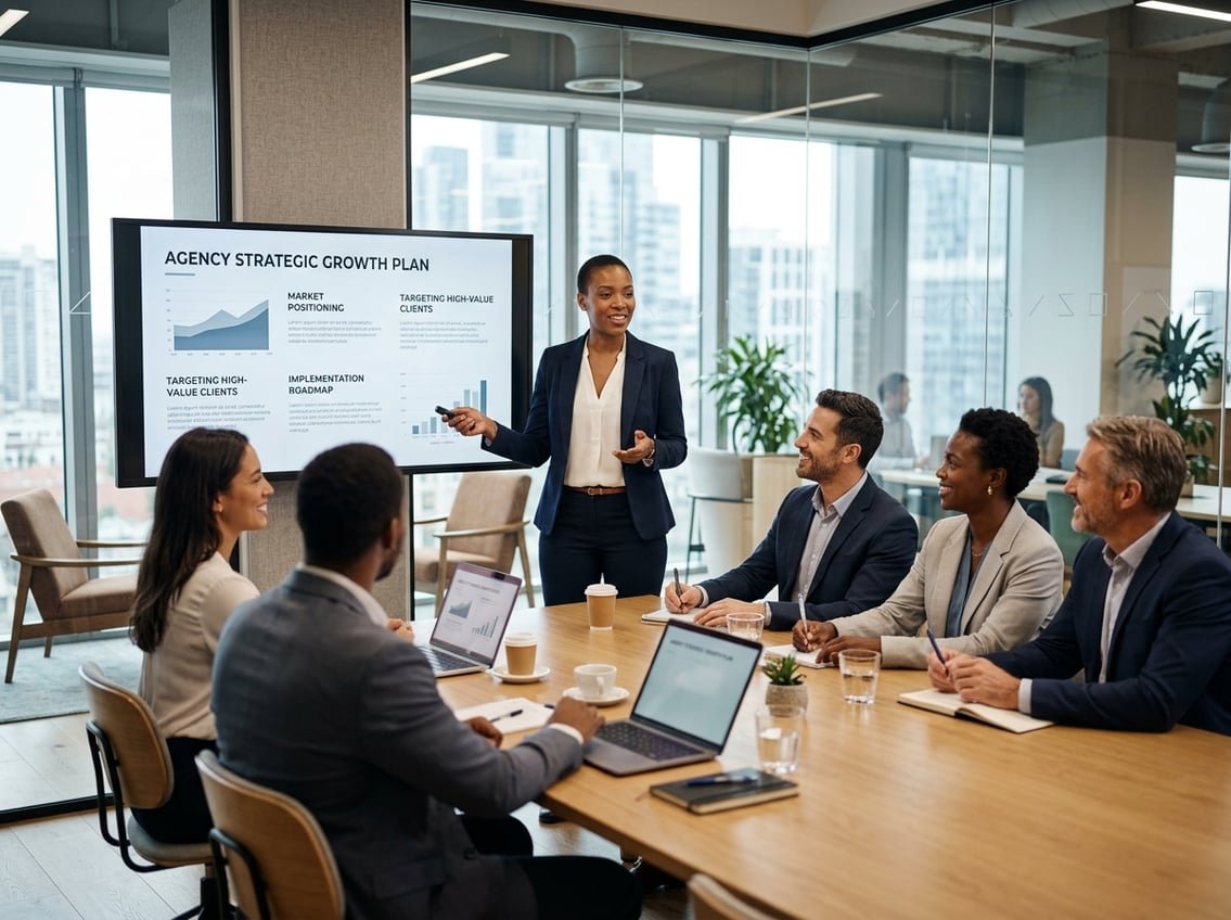 A businesswoman presenting a plan to a group of clients in a modern conference room.