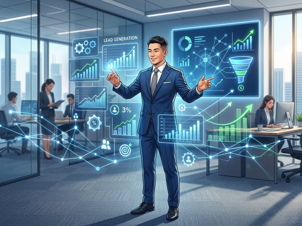 A business professional in an office interacting with digital graphs and charts representing lead generation and data analytics.