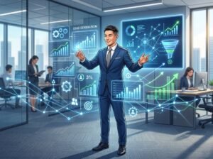 A business professional in an office interacting with digital graphs and charts representing lead generation and data analytics.