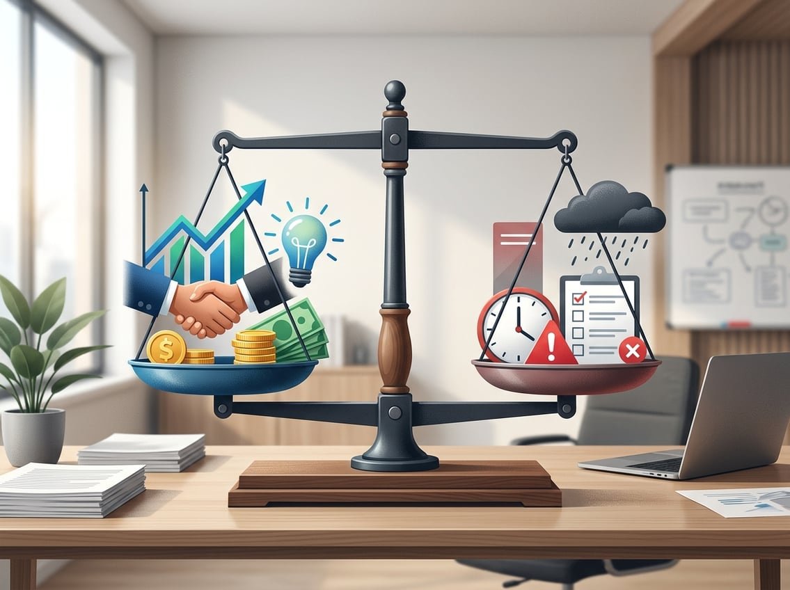 A balanced scale showing pros and cons of launching an agency with symbols for growth and challenges on each side in an office setting.