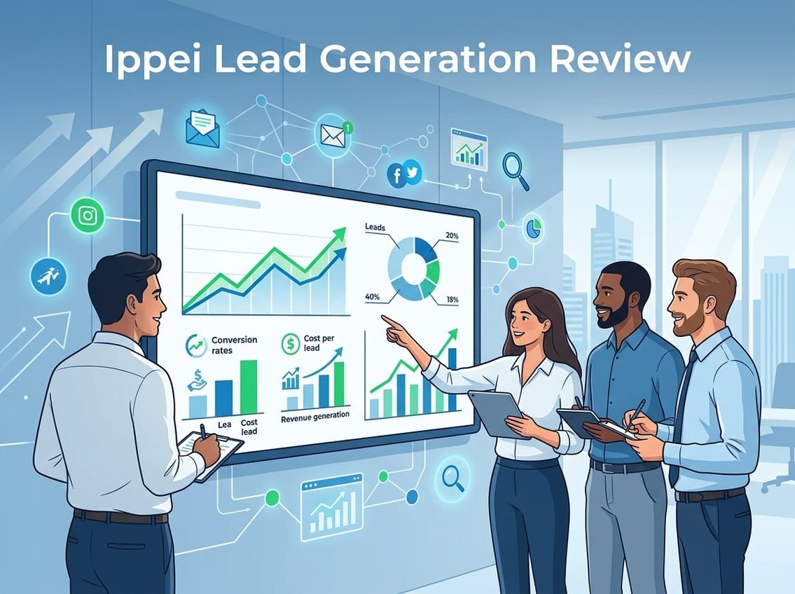 A group of professionals in an office discussing lead generation data shown on a large digital screen with charts and business growth symbols.