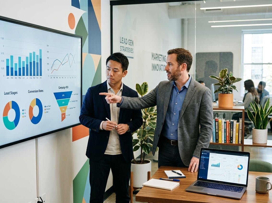 Two business professionals collaborating in an office, analyzing data and discussing lead generation strategies.