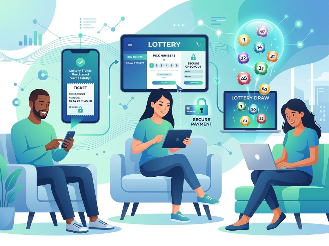 People using digital devices to buy lottery tickets online, with icons representing secure payment and lottery balls floating in the background.
