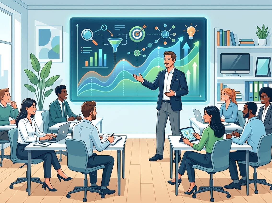 A group of business professionals attending a training session with a presenter explaining lead generation concepts using charts and digital devices.