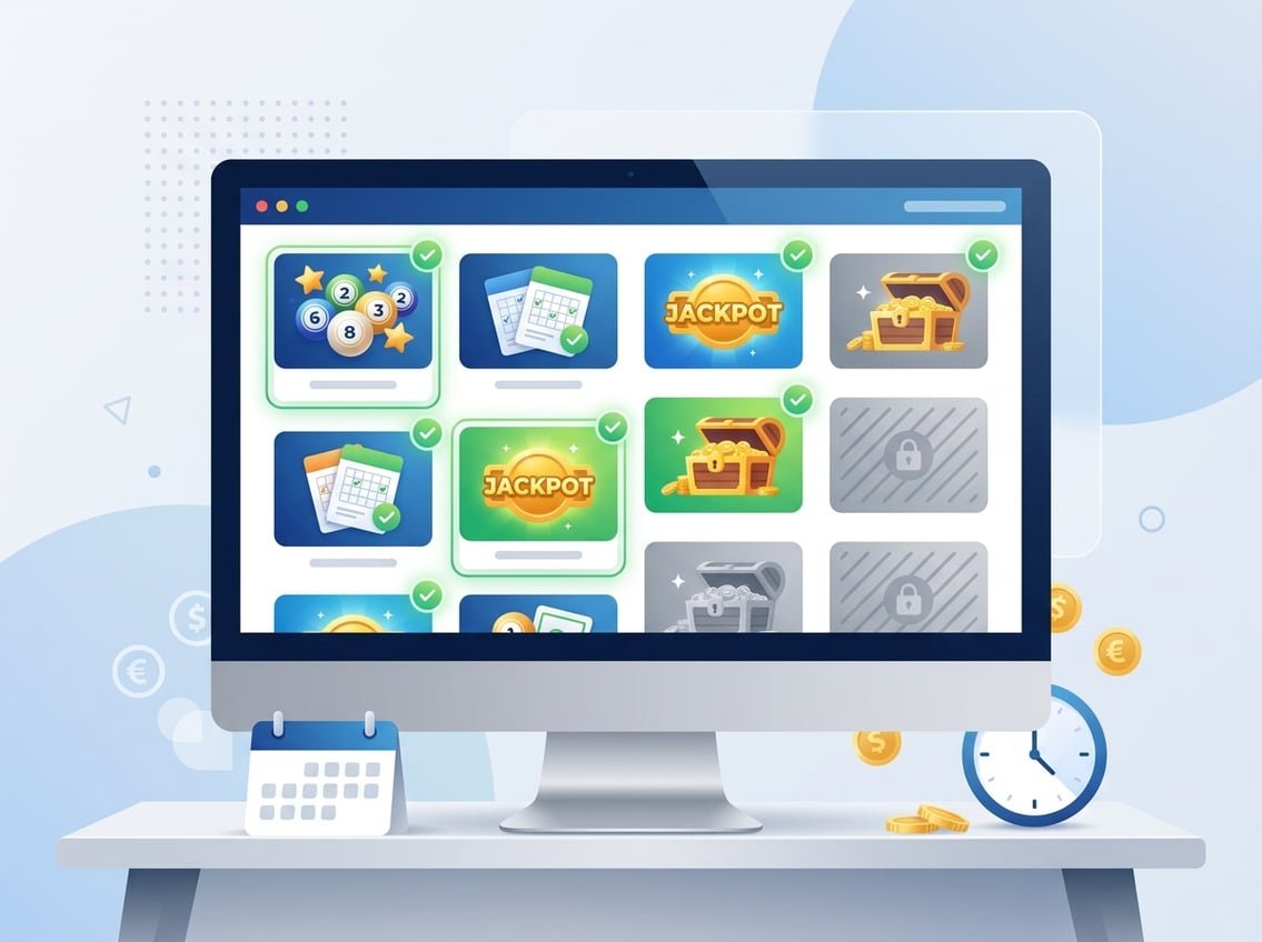 A digital device screen showing various lottery game icons with indicators for availability, surrounded by a calendar, clock, and currency symbols.