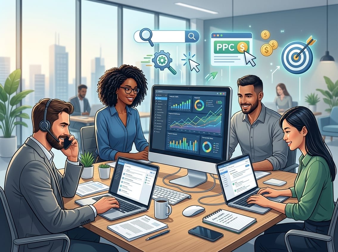 A workspace showing people working on computers with charts, emails, and digital ads representing lead generation through SEO, outreach, and paid traffic.
