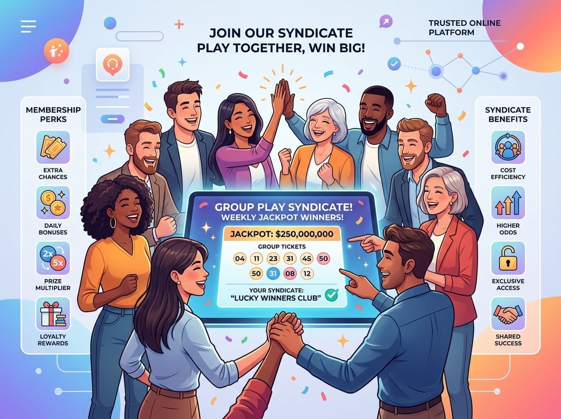 A group of people gathered around a digital lottery ticket, celebrating and collaborating, with icons representing rewards and membership benefits.