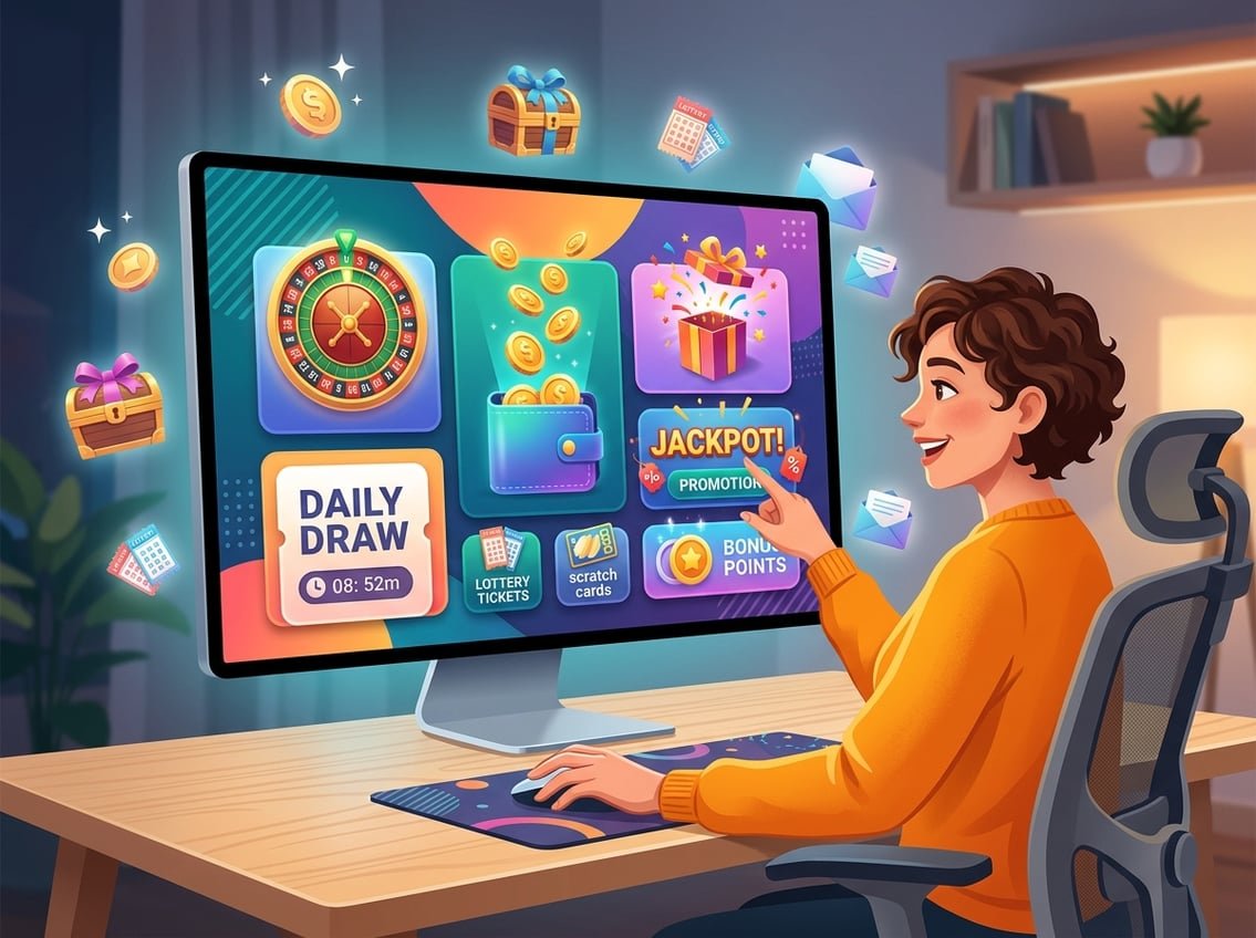 A person interacting with a computer screen displaying colorful icons for bonuses, promotions, and lottery tickets.