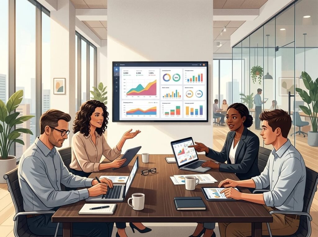 A group of professionals in an office reviewing charts and data on computer screens around a conference table.