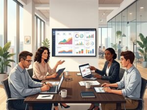 A group of professionals in an office reviewing charts and data on computer screens around a conference table.