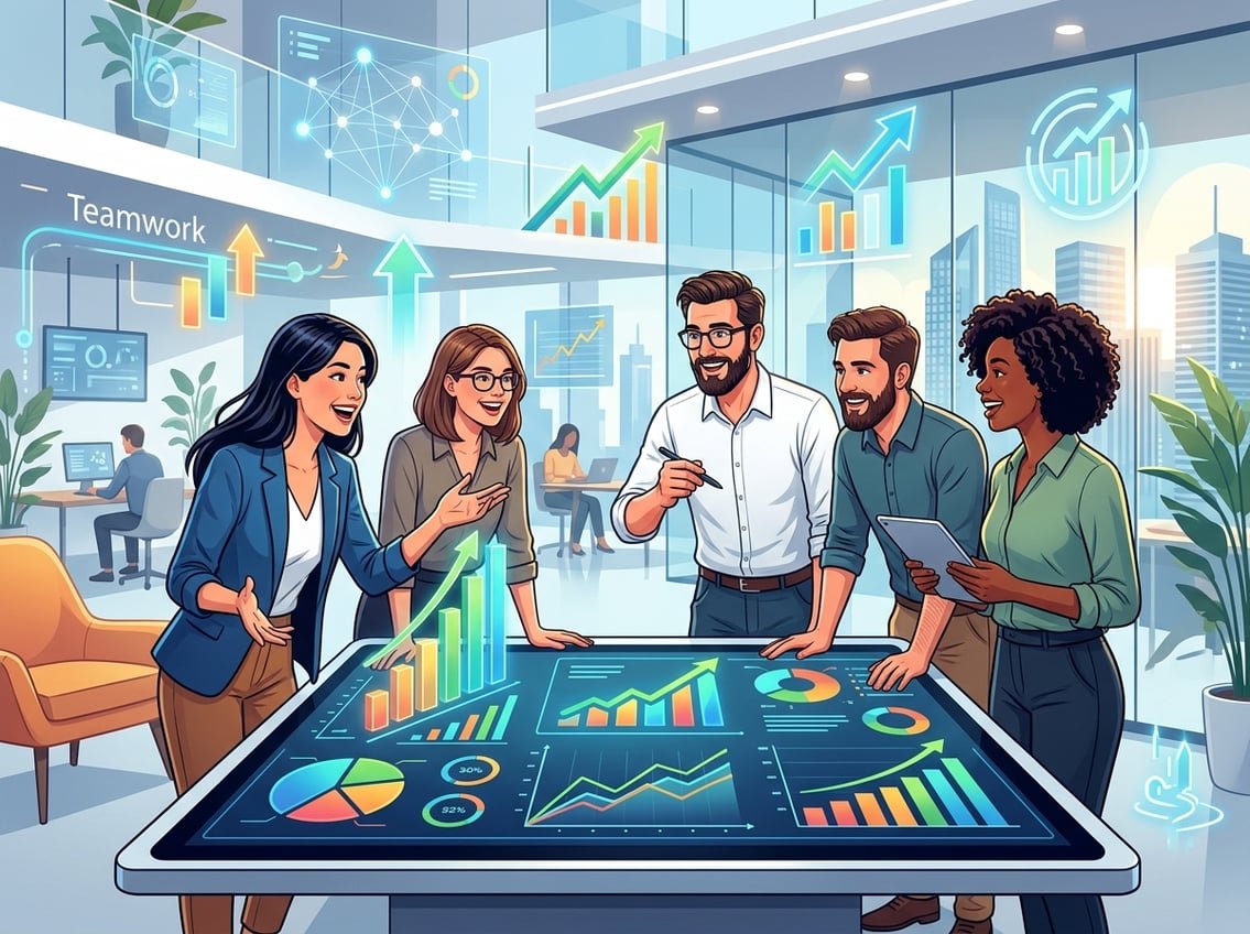 A group of professionals collaborating around a digital table with graphs and charts, surrounded by abstract symbols of growth and technology.