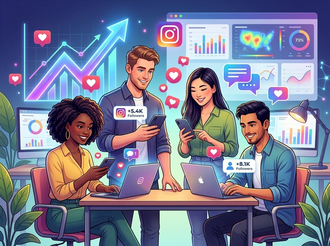 A group of people using smartphones and laptops with icons of likes, comments, and growth charts around them representing Instagram user benefits.