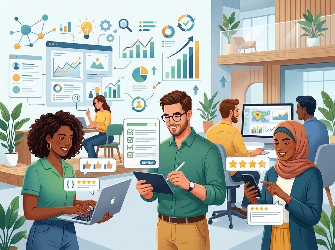 A group of people using digital devices to give feedback, surrounded by charts and graphs representing customer reviews and data analysis.