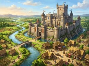 A medieval kingdom with a large stone castle, towers, a village, knights, and villagers in a green landscape under a clear sky.
