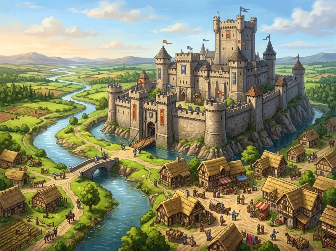 A medieval kingdom with a large stone castle, towers, a village, knights, and villagers in a green landscape under a clear sky.