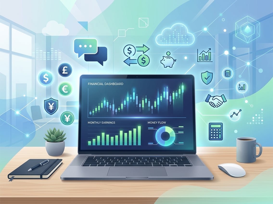 A digital workspace with a laptop showing financial charts, surrounded by icons of chat bubbles and currency symbols representing money and communication.