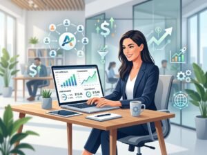 A businessperson at a desk with a laptop showing charts and graphs, surrounded by icons representing digital marketing and affiliate sales.