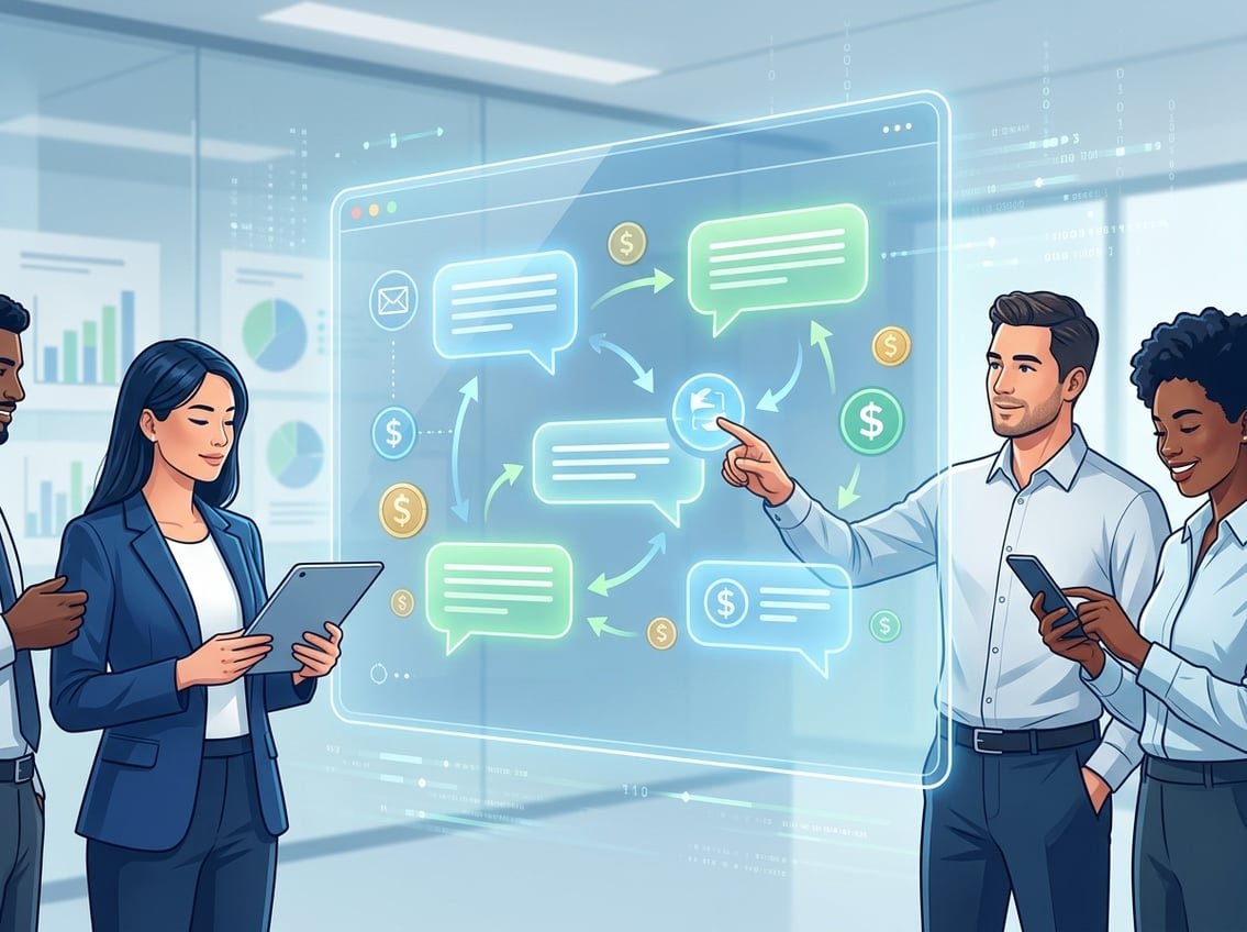A digital illustration showing people using devices to exchange money through a chat-based system in a modern office setting.