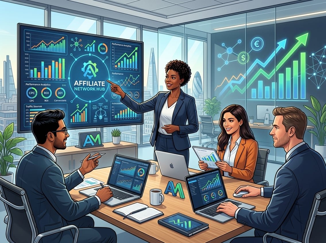 A group of professionals working together around laptops and digital screens displaying charts and graphs in a modern office setting.
