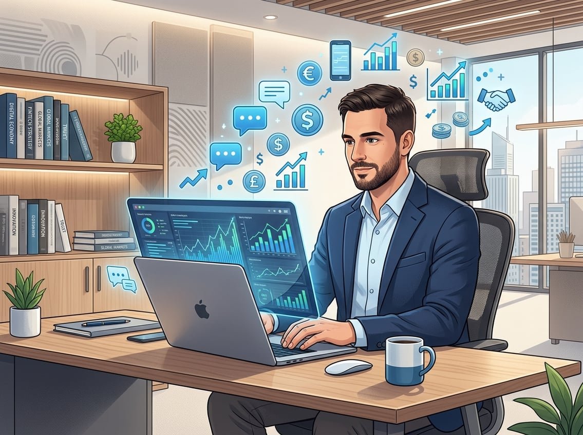 A man sitting at a desk working on a laptop with financial charts and digital icons around him in a modern office.