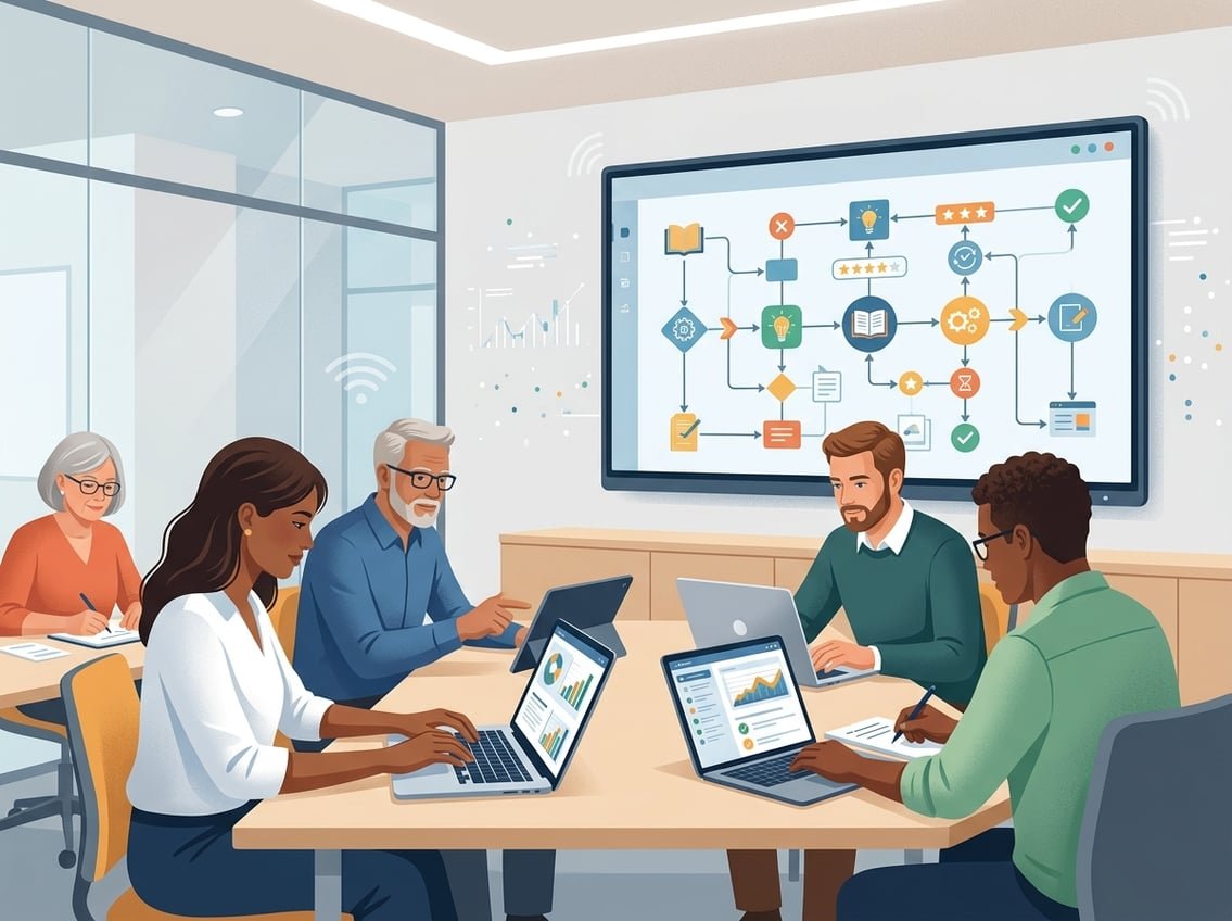 A group of adults engaged in a training session with digital devices and a large screen showing a flowchart of training modules and course structure.
