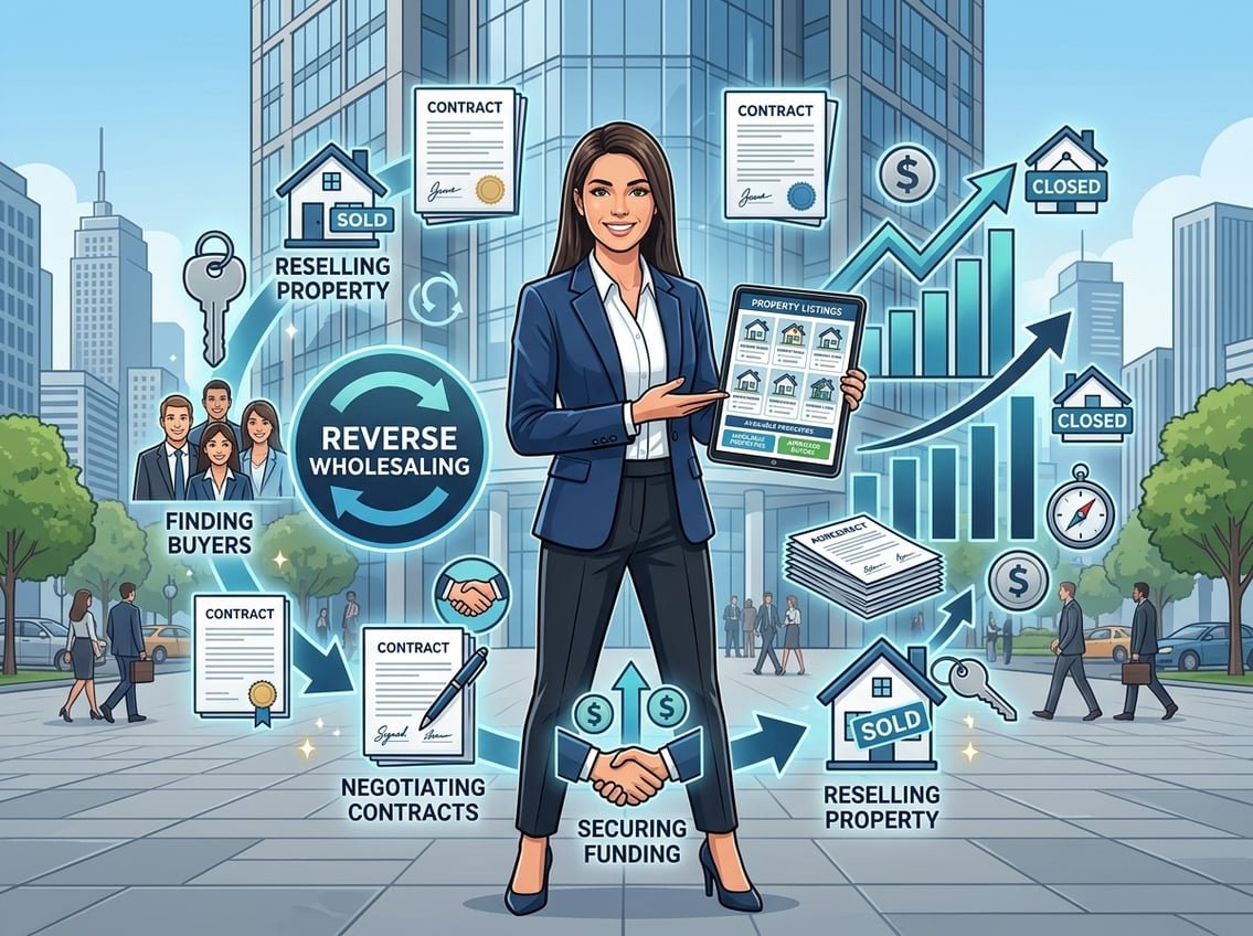 A businessperson holding a tablet with property listings in front of an office building, surrounded by icons of houses, contracts, and graphs representing real estate transactions.