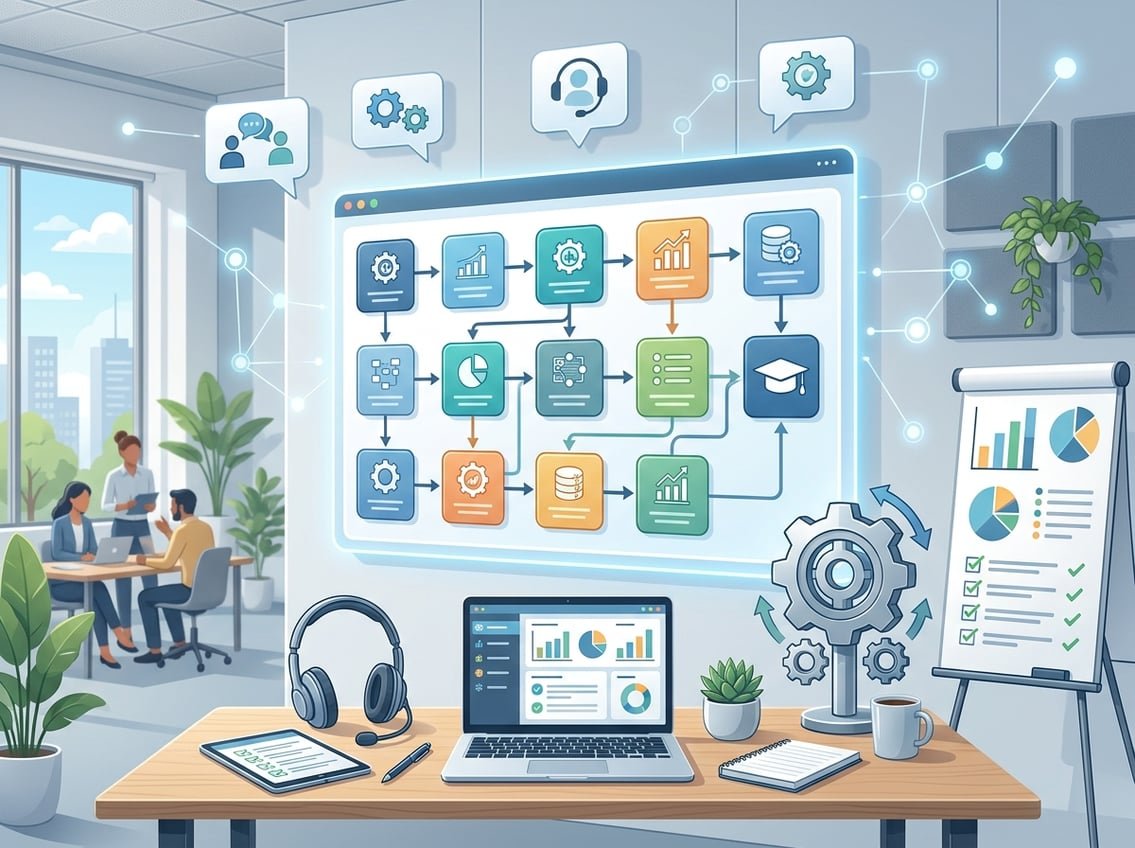 A workspace showing a digital dashboard with interconnected modules, surrounded by tools like gears, charts, and a headset, symbolizing program structure, tools, and support.