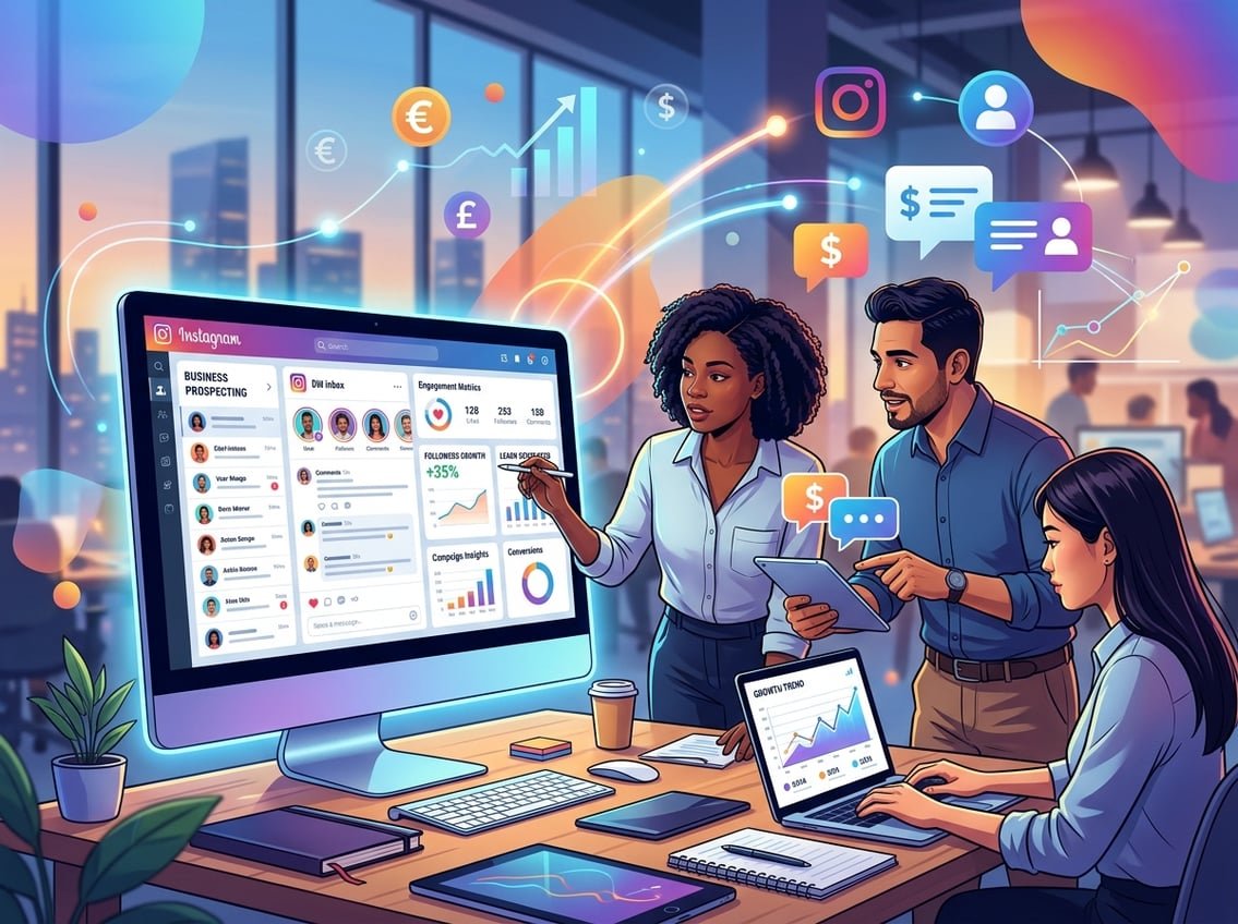 A workspace scene showing people analyzing Instagram profiles and messages with symbols of money and growth around them.