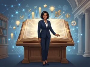A confident person standing before an open book with glowing pages, surrounded by symbols of growth and achievement, set against a background of interconnected shapes.