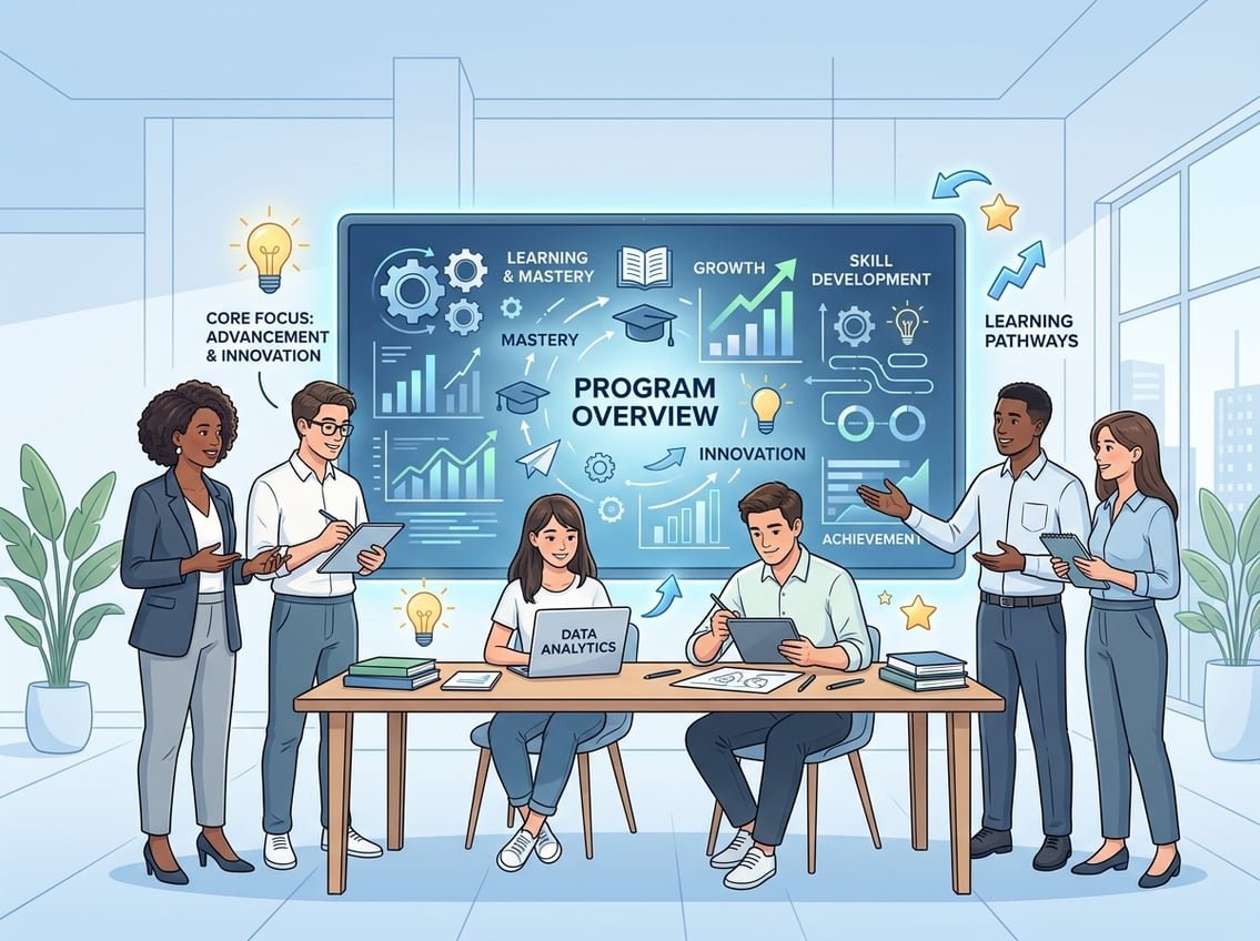 A group of people working together around a large digital screen showing charts and learning icons in a modern workspace.