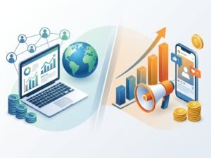 An illustration showing two sides comparing online business platforms, with symbols of digital marketing, growth charts, coins, and connected people on each side.