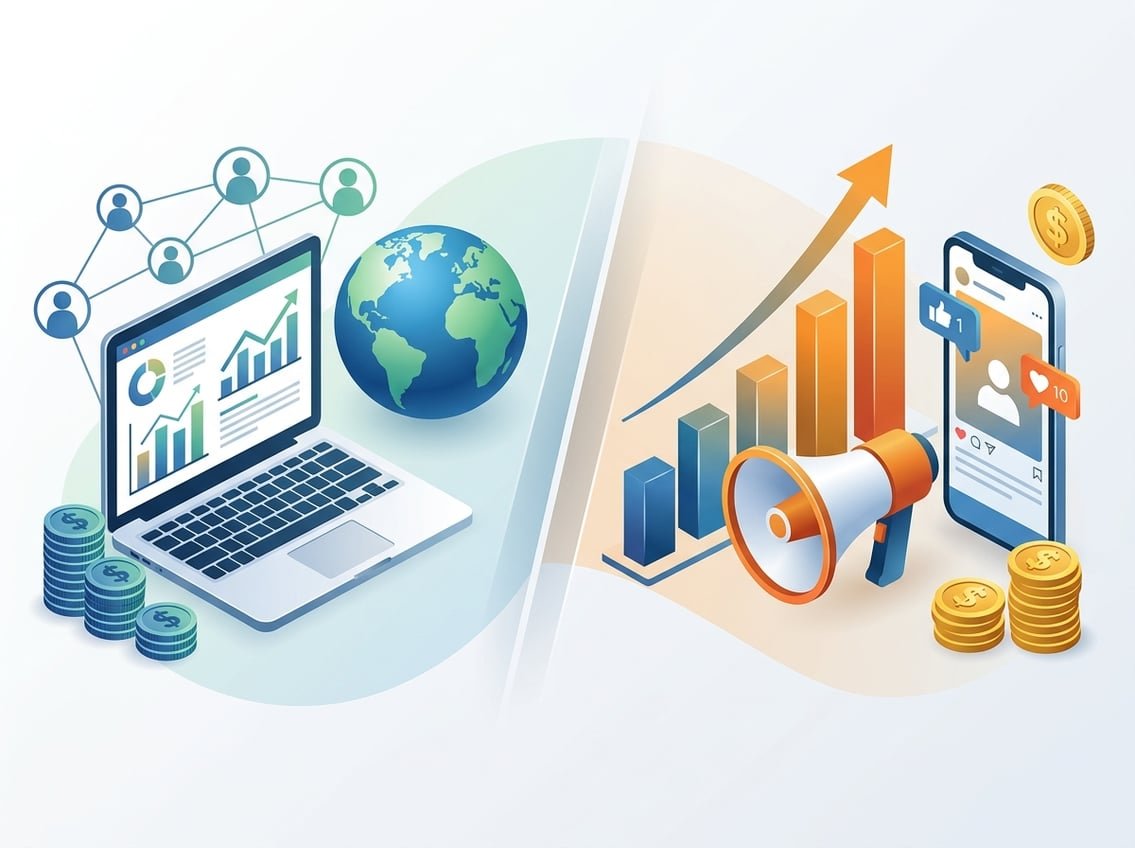 An illustration showing two sides comparing online business platforms, with symbols of digital marketing, growth charts, coins, and connected people on each side.