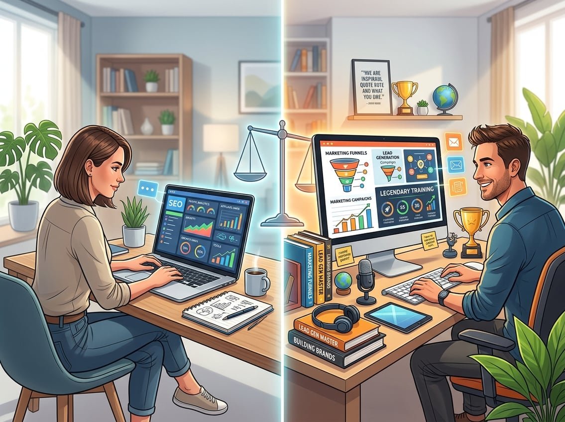 Two side-by-side workspaces representing Wealthy Affiliate and Legendary Marketer, showing computers and marketing materials to illustrate a comparison of training approaches.
