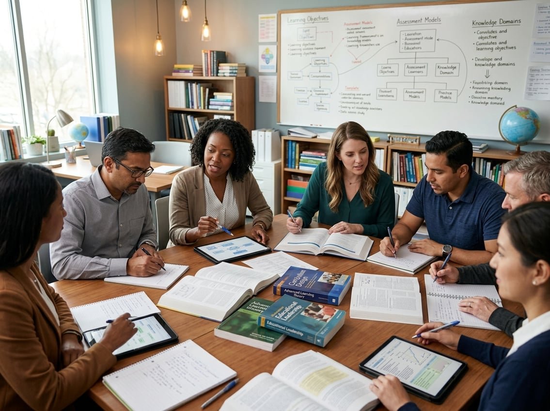A group of adult learners studying together around a table filled with books and tablets in a classroom setting.