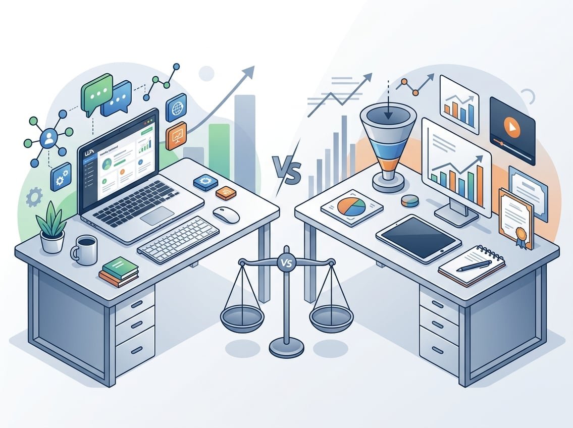 Two modern office desks facing each other with digital marketing tools and symbols representing two different business models, separated by a balanced scale indicating comparison.