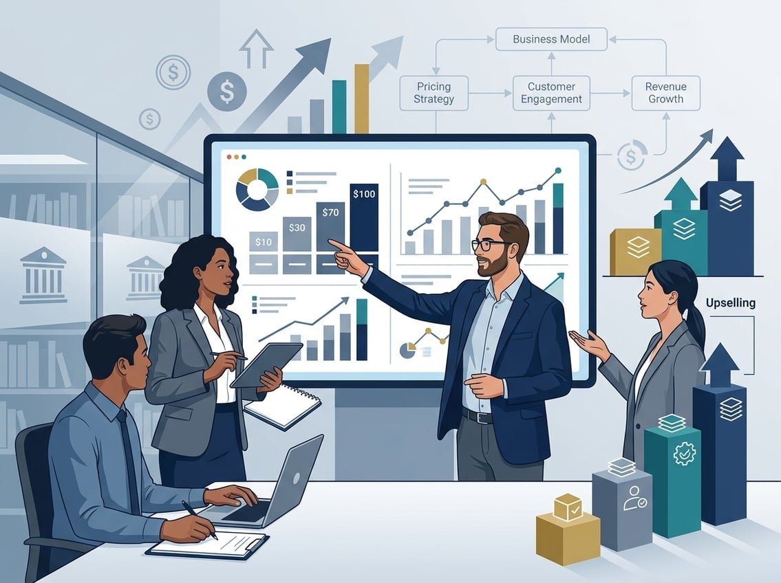 A group of business professionals discussing pricing strategies and upsells around a digital screen showing charts and graphs in a modern office setting.